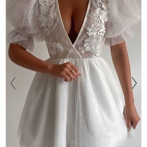 AKSHIA MINI DRESS - PUFF SLEEVE FLORAL DETAIL PLUNGE NECK DRESS SHOWPO